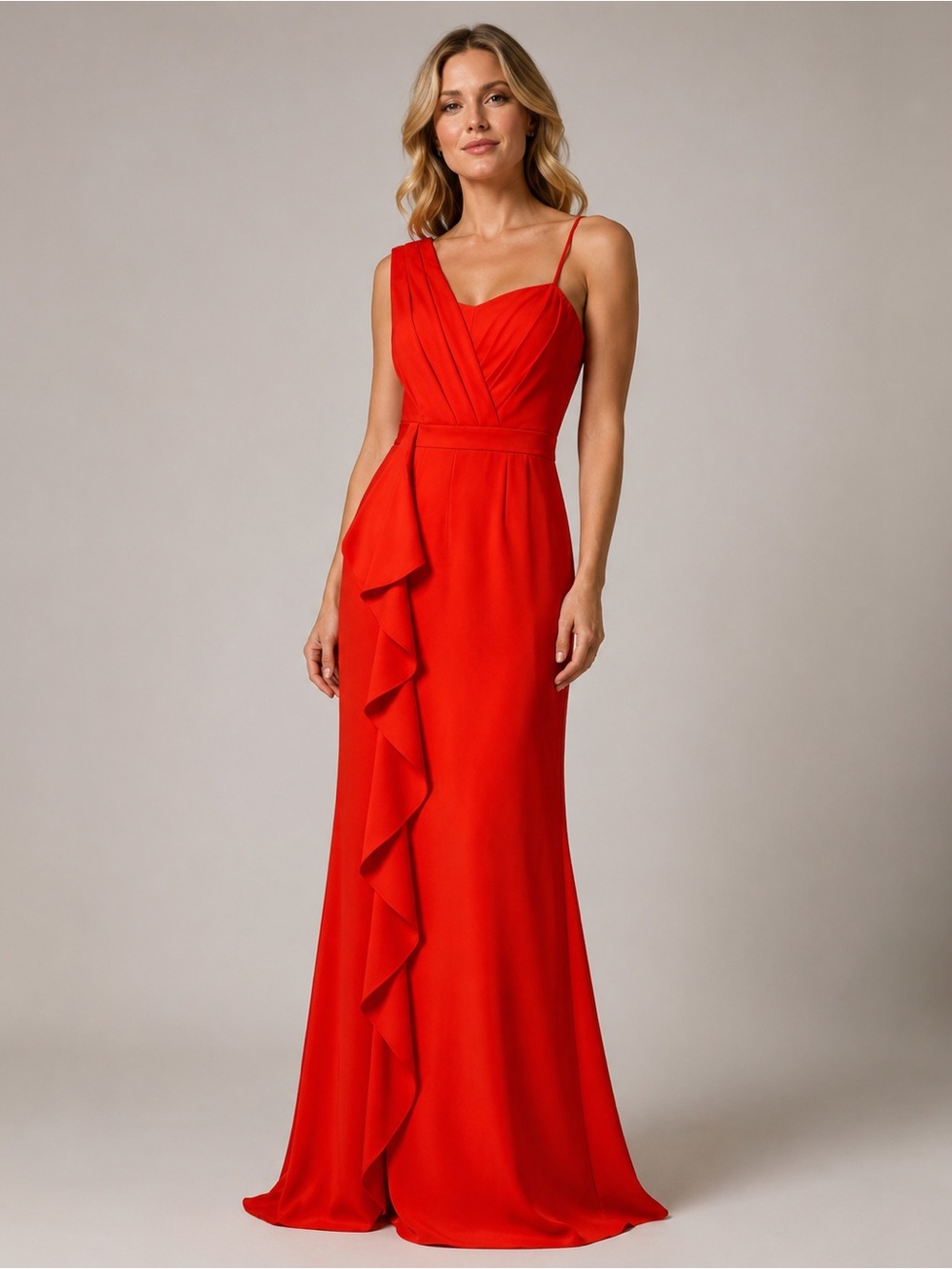 BCBGMaxAzria Red One-Shoulder Ruffle Evening Gown